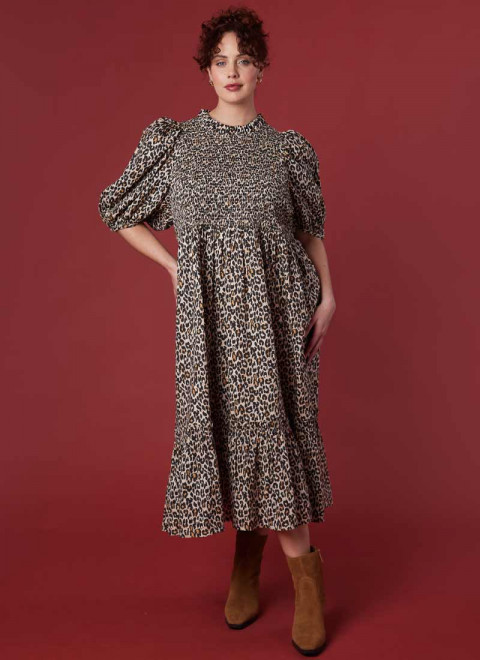 Priya Leopard Print Puff Sleeve Midi Dress