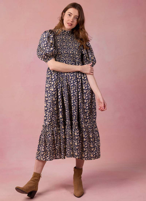 Priya Navy Floral Print Puff Sleeve Midi Dress - Model Front Full Length