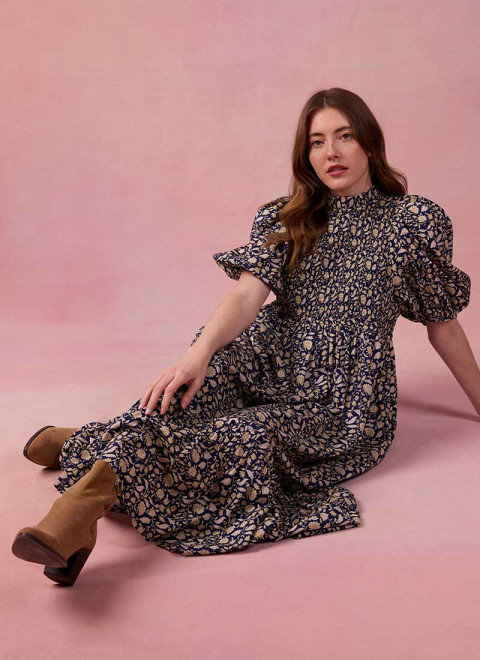 Priya Navy Floral Print Puff Sleeve Midi Dress