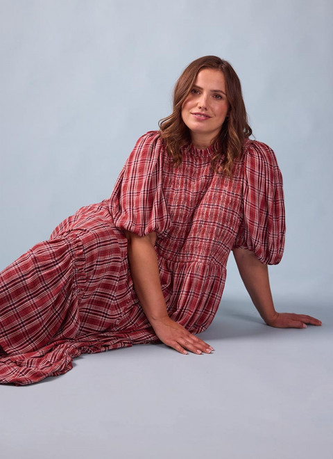 Priya Red Check Print Puff Sleeve Midi Dress