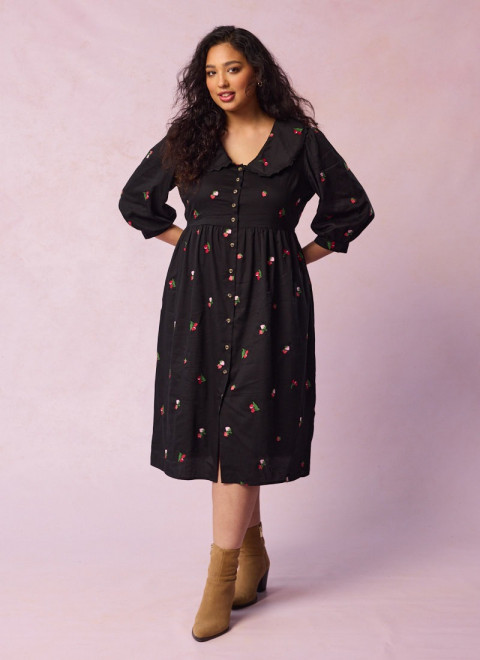 Rosanna Cherry Print Embroidered Peter Pan Collar Dress - Model Front Cowboy Boots