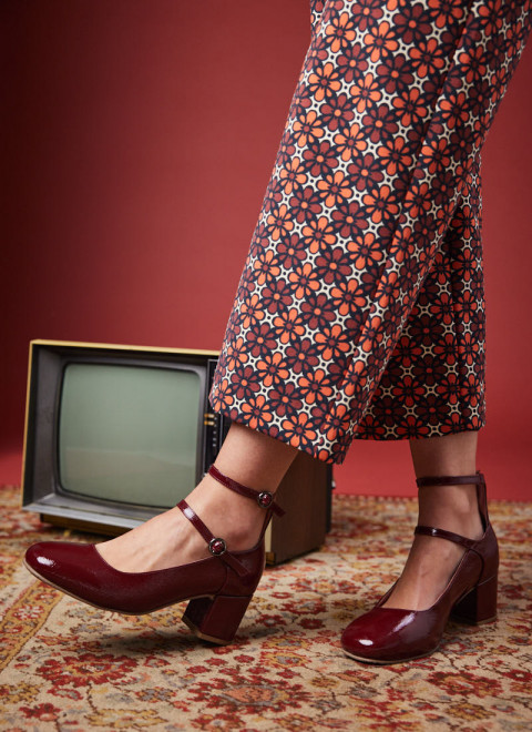Rouen Patent Leather Mary Jane Shoes - Burgundy - Pippa Geometric Floral Print High Waist Trousers - Model Front