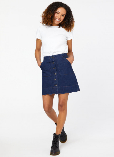 Sarah Scallop A-Line Denim Mini Skirt - Blue 