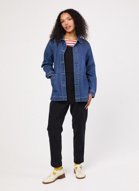 Kurt Button-Down Mid Wash Denim Jacket - Model Front Size 10 With Leroy Dungarees