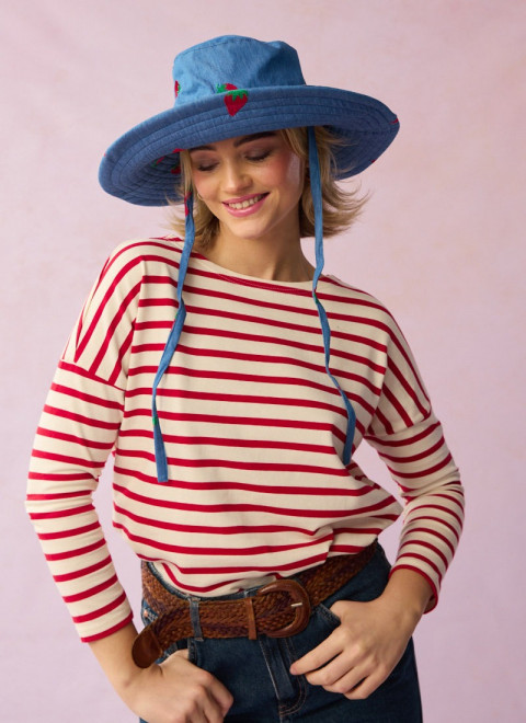 Billie Strawberry Embroidered Denim Sun Hat