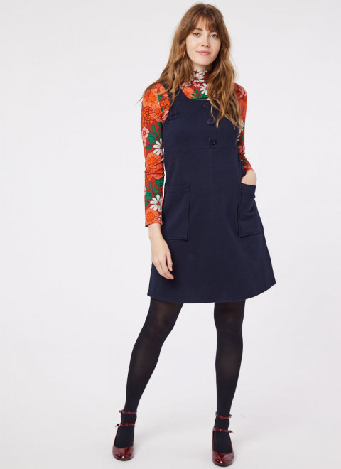 Pennie Jersey Pinafore Dress - Navy - Selina Peony Print High Neck Jersey Top - Model Front Full Length