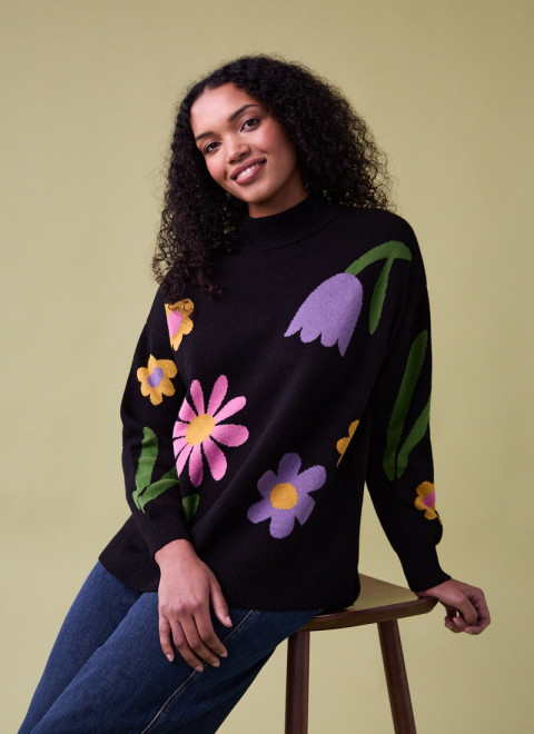 Shiloh Black Floral Placement Oversized Intarsia Knit - Model Front Size S