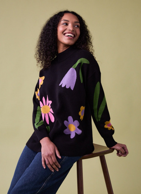 Shiloh Black Floral Placement Oversized Intarsia Knit