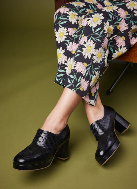 Strasbourg Leather Heeled Platform Brogues - Black