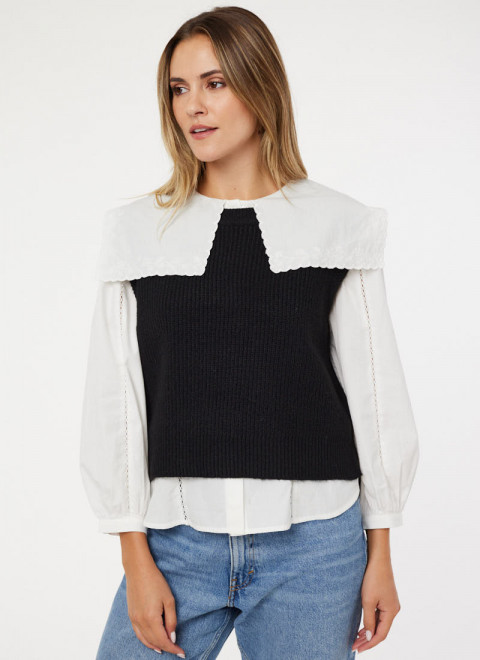 Tanya Round Neck Cardigan Stitch Tank Top - Black 