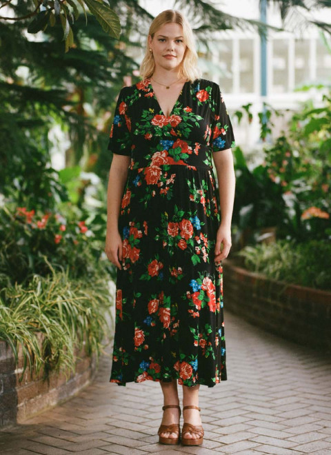 Thea Black Floral Print Jersey Midaxi Dress  - Model Front Campaign Shot