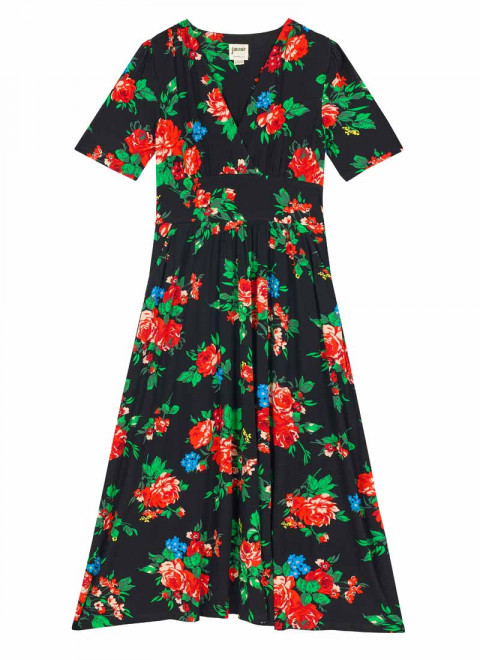 Thea Black Floral Print Jersey Midaxi Dress - Product Front
