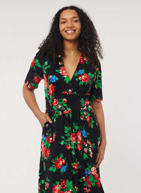 Thea Black Floral Print Jersey Midaxi Dress