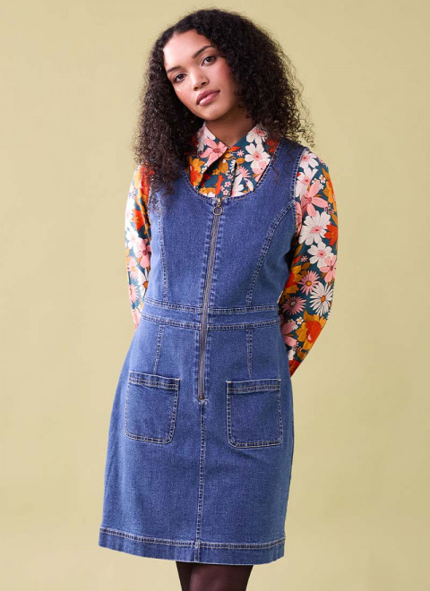 Mindy Mid Wash Denim Pinafore Dress - Model Front Size 10